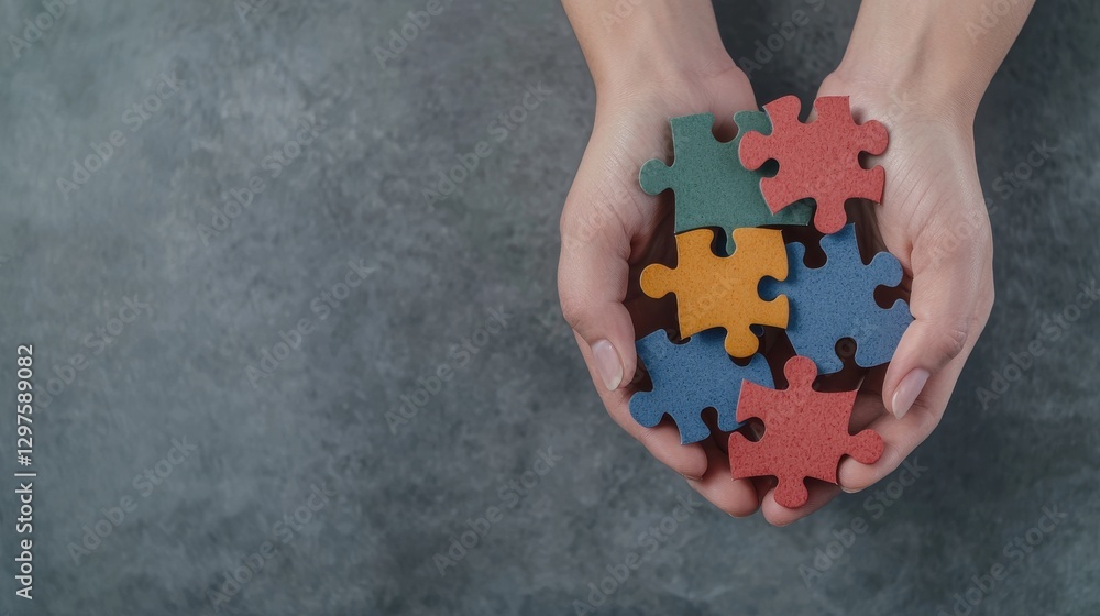 Poster communication negotiation concept. hands stacking puzzle pieces together representing teamwork and