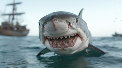 Fototapeta premium Great white shark surfacing, ship in background, ocean scene
