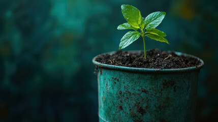 small green plant with vibrant leaves grows in rustic pot, symbolizing new beginnings and sustainability against blurred green background