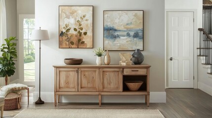 Light Oak Wooden Console Table with Abstract Artwork in Modern Living Room