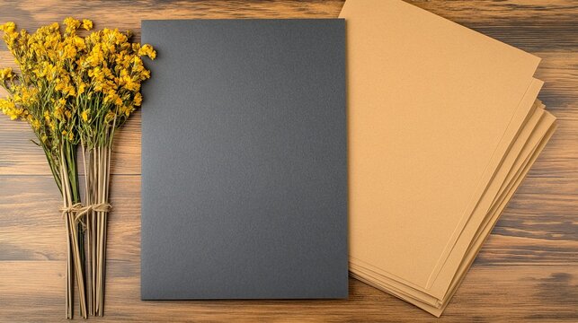 A serene workspace featuring a dark folder and brown papers alongside yellow flower on a wooden table