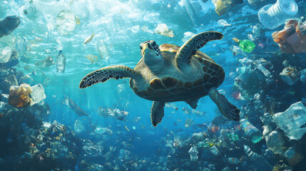 Fototapeta premium sea turtle swims through ocean water filled with plastic waste, highlighting environmental impact of pollution marine life. image captures urgent need for recycling and conservation efforts to