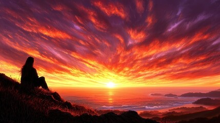 A serene sunset view with vibrant clouds and a silhouette of a person sitting peacefully by the ocean, capturing a moment of tranquility and beauty.