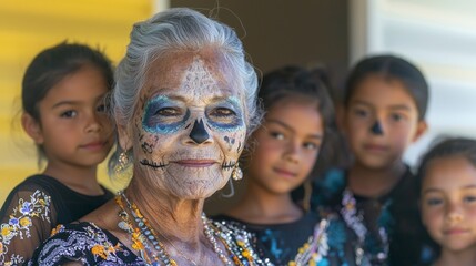 Obraz premium Dia de los Muertos Grandmother Grandchildren Calavera Makeup Mexican Tradition