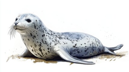 A serene seal lies gracefully on a sun-kissed sandy beach, its head tilted and mouth softly agape, inviting tranquility as it gazes off into the distance