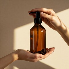 Bottle with dispenser, sprayer, for liquid soap, shampoo, lotion in women's hands on beige background. Rays of sunlight fall on container made of amber glass. Mockup concept, vertical frame.