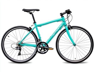 Light teal blue hybrid bicycle with black accents and white spoked wheels, isolated on white background. Ideal for commuting and leisure riding