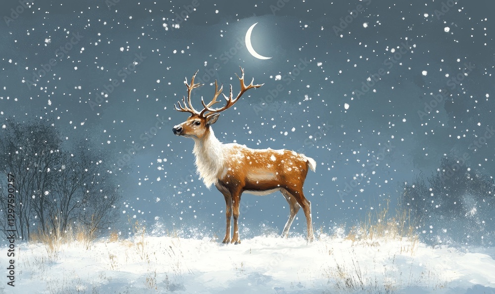 Poster artistic rendering of a reindeer standing majestically in a snow-covered field under a starry winter