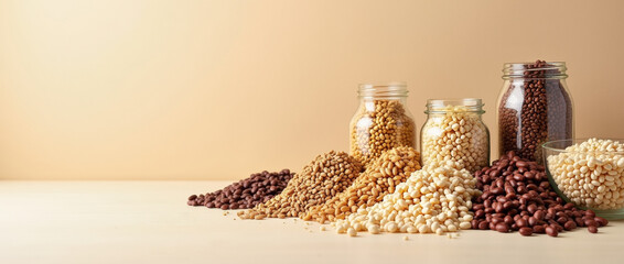 Variety of beans and legumes arranged in jars on a neutral background