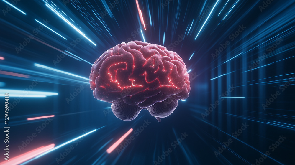 Aufkleber brain's neural network: a digital representation of a human brain with glowing red neural pathways, 