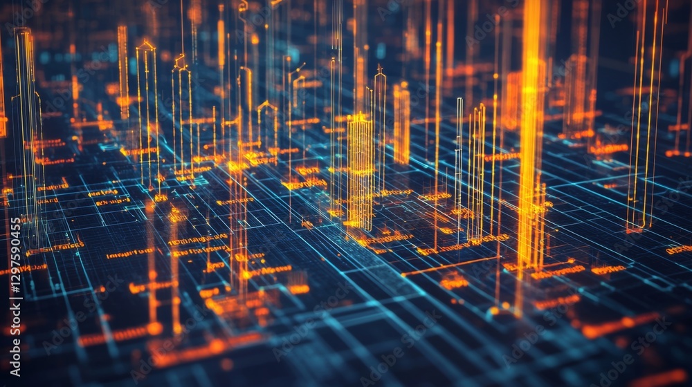 Poster futuristic cityscape with neon lights and digital grid in abstract technology background for sci-fi 