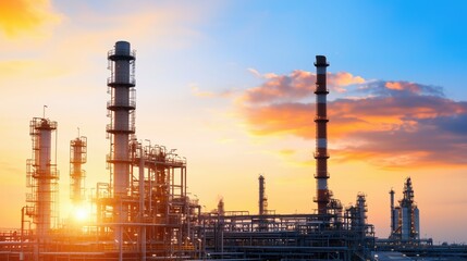 Fototapeta premium Industrial Oil Refinery at Sunset with Vibrant Sky Showcasing Modern Technology and Infrastructure in an Urban Environment