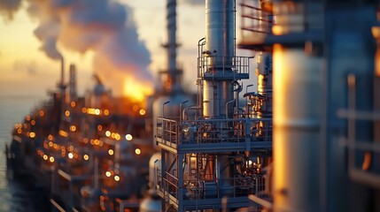 Fototapeta premium Industrial Oil Technology at Sunset: Modern Energy Infrastructure with Steaming Pipes and Glowing Lights in Industrial Landscape
