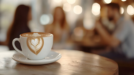 Fototapeta premium a freshly brewed cappuccino with latte art on a wooden table at a modern coffee shop, with a blurred background of people chatting 