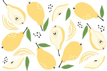 Fototapeta premium Raw sweet pear fruit pattern. Ripe yellow pear isolated on white background. Sweet fruit with green leaf whole and half in cartoon flat simple style.