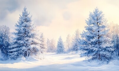 Obraz premium detailed watercolor painting of frosted pine trees in a snowy forest clearing, with soft pastel tones in the sky, Generative AI
