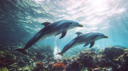 Obraz premium Graceful Dolphins Swimming in Vibrant Coral Reef