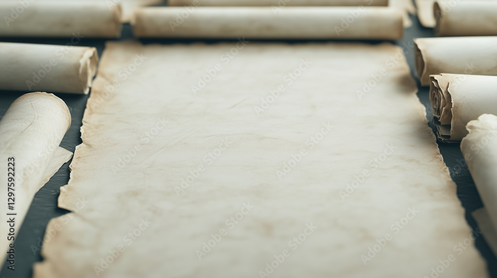 Poster vintage parchment scrolls: old, aged parchment scrolls unfurl to display the texture of the paper, p