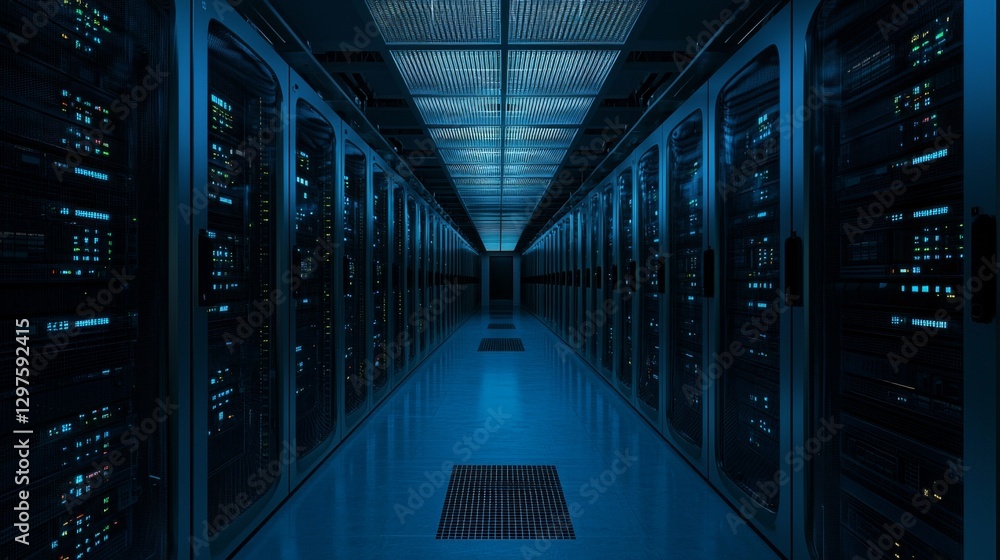 Aufkleber dimly lit data center aisle with rows of server racks and blue lighting in modern virtual environmen