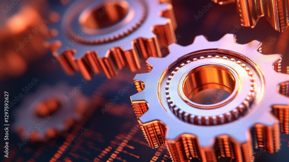 Poster close up of metallic gears intermeshing against a dark background with subtle orange highlights and 
