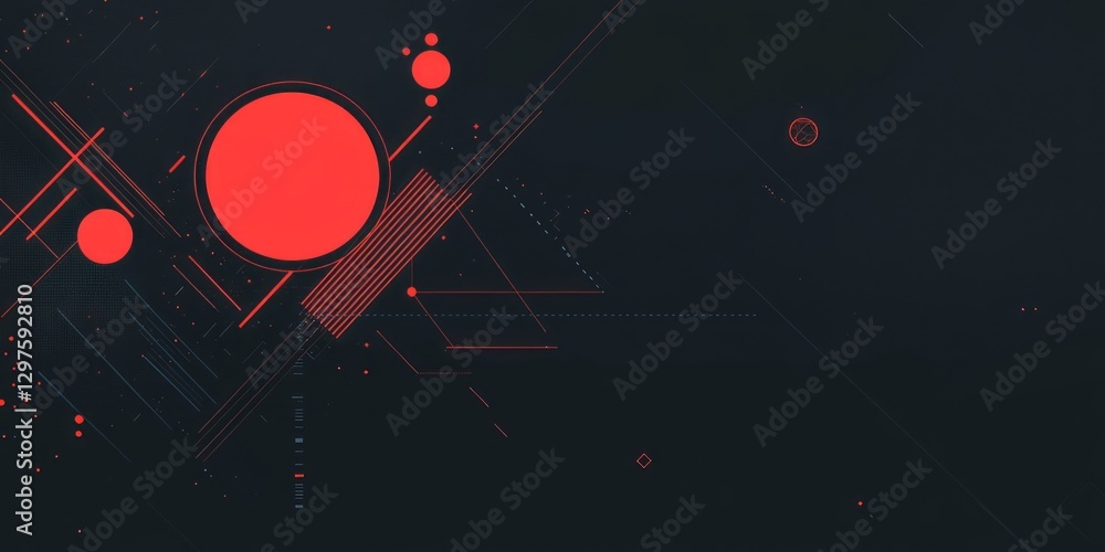 Poster abstract composition features red circles and geometric linear elements