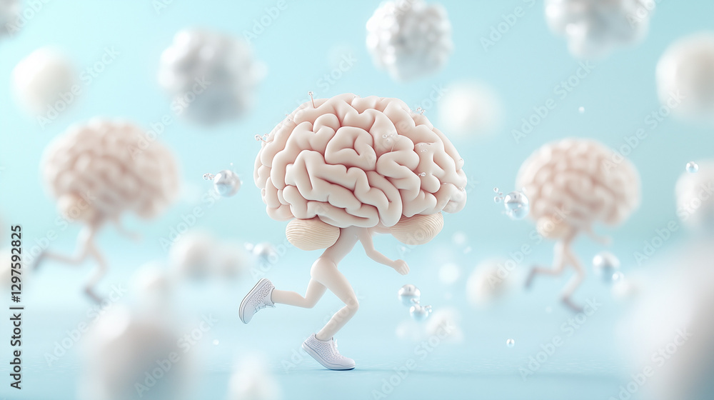 Poster brain in motion: a playful and creative illustration depicts a human brain with legs, running throug