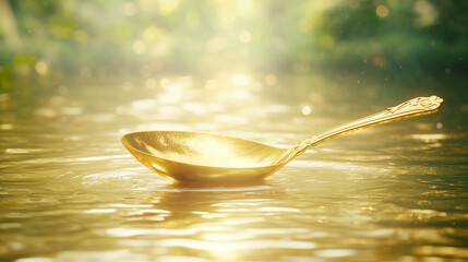 Golden Spoon: A close-up shot of a gold spoon floating on the water, with sunlight filtering through the leaves and creating a dreamy atmosphere.