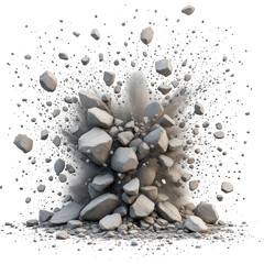 A dynamic 3D explosion of rocks and debris, bursting outward in all directions against a white background. The scattered stones create a sense of energy and destruction.