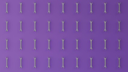 Naklejka premium Silver Wrench icon isolated on purple background. Spanner repair tool. Service tool symbol. Array concept. 3d illustration 3D render. Presentation