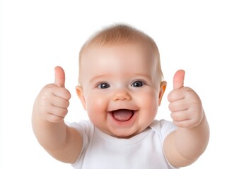 Happy baby giving thumbs up, bright, joyful expression, white background, soft lighting, adorable, healthy child, cheerful mood