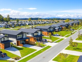 Aerial view of modern suburban homes, streets, and gardens, with farmland in the background.  Use Real estate, new construction, residential development