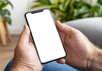 Close up of hands holding a smartphone with a blank white screen. The phone is black and has a modern design. The background is blurred, showing