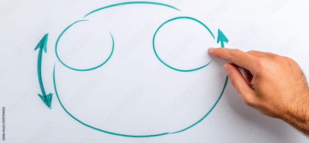 Poster a hand gestures towards a teal diagram of interconnected circles and arrows on a white background, s