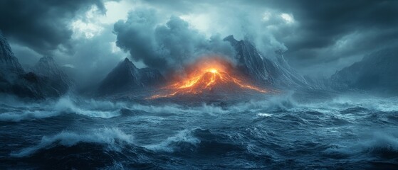 Fototapeta premium dramatic volcanic island surrounded by turbulent seas where adventurers trek toward a glowing crater, Generative AI