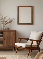 Modern wooden armchair, empty frame, beige tones, living room