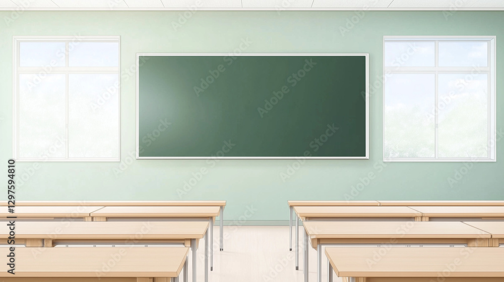 Poster empty classroom scene: a clean and organized classroom with rows of desks facing a blackboard, lit b
