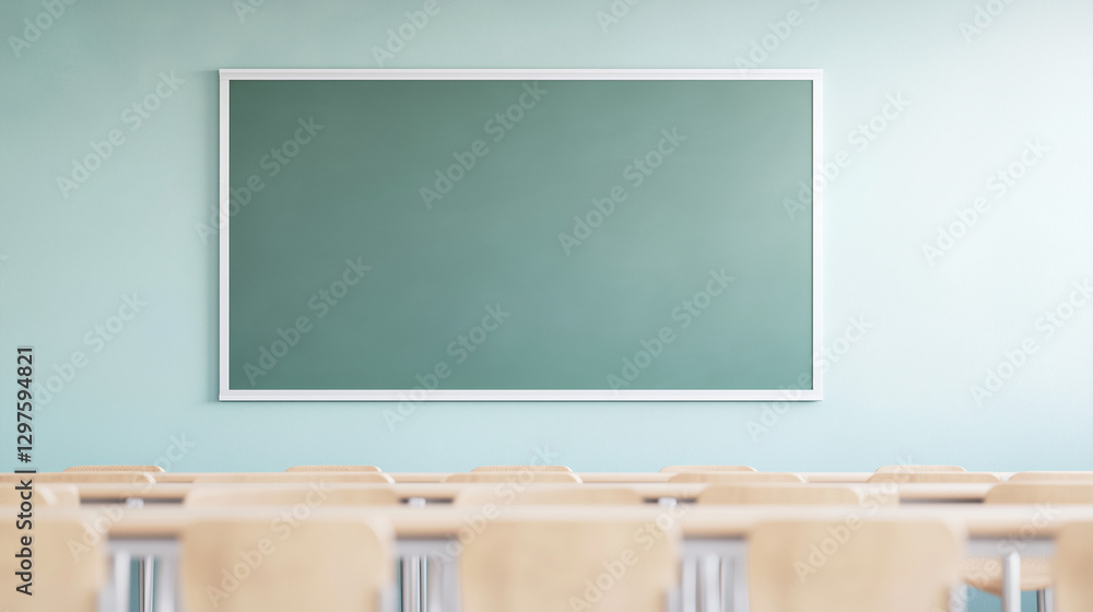 Poster blank canvas in classroom: an empty chalkboard hangs in a quiet classroom, with rows of chairs facin