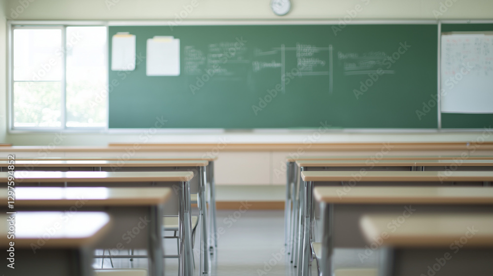 Poster empty classroom: a clean and bright classroom scene with rows of desks and a chalkboard, conveying a