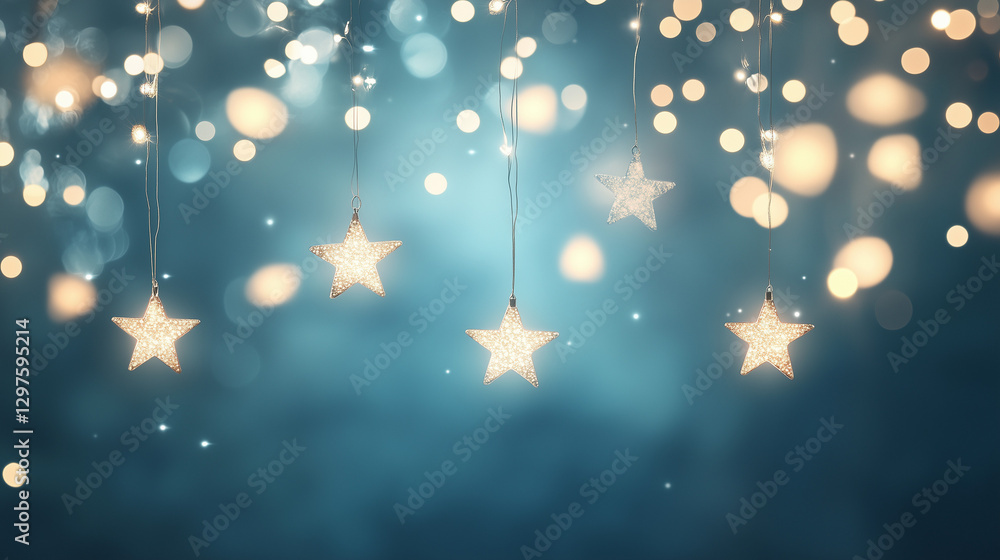 Poster celestial lights: enchanting star-shaped lights dangle against a dreamy teal backdrop, creating a ma