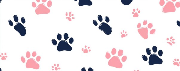 Fototapeta premium Adorable Pink and Navy Blue Paw Prints Seamless Pattern