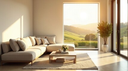 Fototapeta premium Serene living room with sectional sofa, sunlit landscape view, and minimalist decor