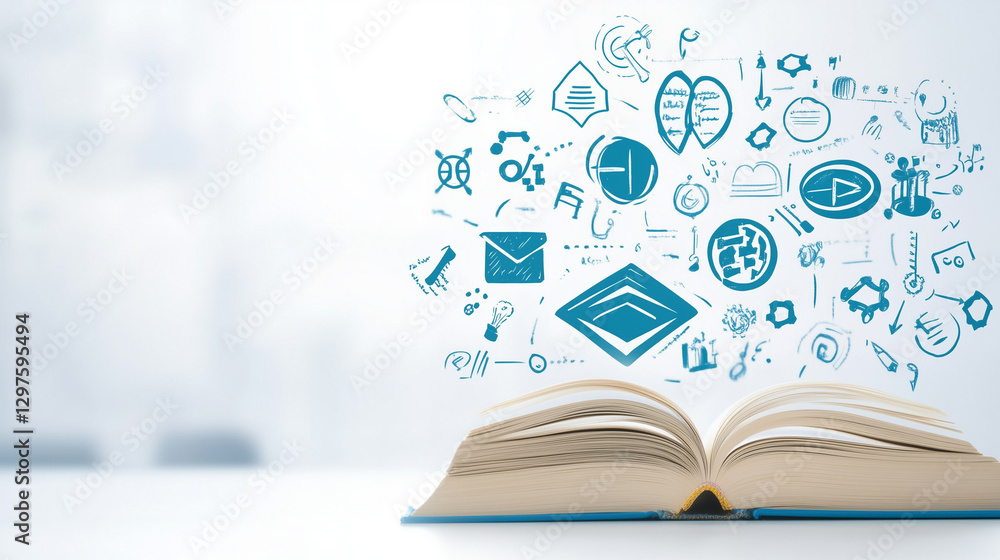 Poster open book of knowledge: an open book rests on a table, with a flurry of colorful icons and symbols e