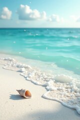 Obraz premium Seashell Solitude A Gentle Wave's Embrace on a Pristine Sandy Shore Under a Serene Sky