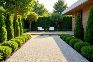Obraz premium Serene Backyard Oasis Featuring a Gravel Pathway, Lush Greenery, and Modern Patio Furniture