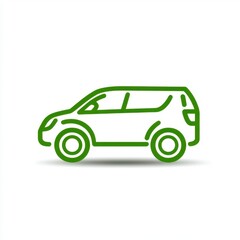 Green line art illustration of a minivan on white background. Simple design, side view, shadow below