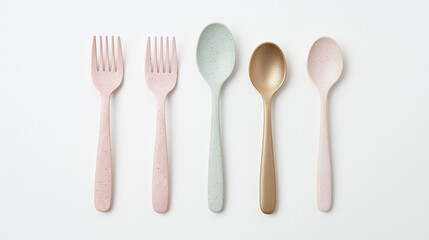 Culinary Utensils: An assortment of pastel-colored forks and spoons arranged in a row