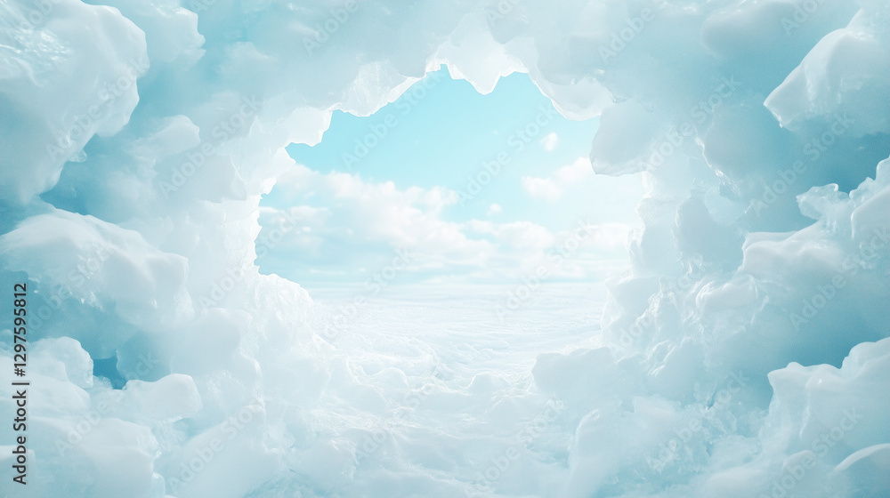 Poster skyward serenity: a view through a gap in fluffy clouds towards a bright blue sky. a serene and capt