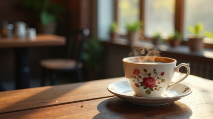 Aromatic Morning Beverage in a Vintage Floral Teacup on a Sunny Wooden Table