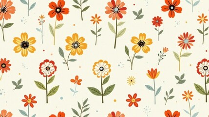 A Delightful Seamless Pattern of Vibrant Blossoms in Warm Hues, Featuring a Variety of Flower Shapes and Sizes, Arranged in a Repeating Design Ideal for Textiles and Surface Decoration