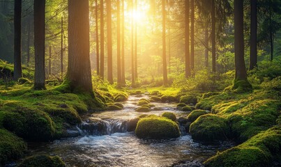 serene forest clearing where sunlight filters through the trees onto a bubbling brook and mossy stones, Generative AI